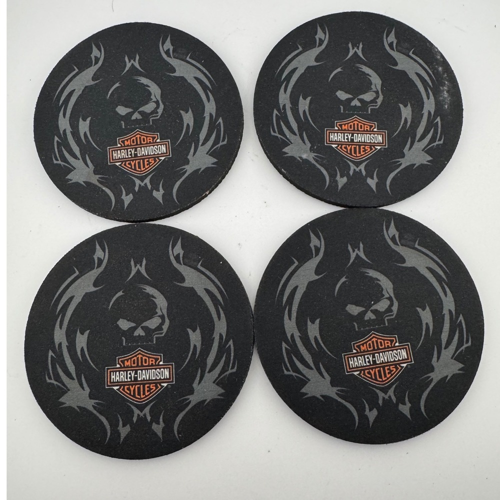 Harley Davidson Coaster Set OS Black Willie G Skull Biker Barware 4pc